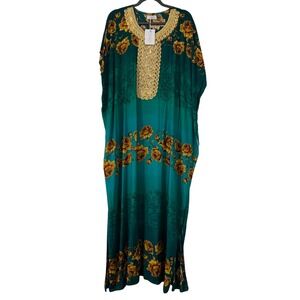 Lot of 2 Tamsy Women Floral Print Maxi Kaftan Dress OS Gold Embellished Neckline